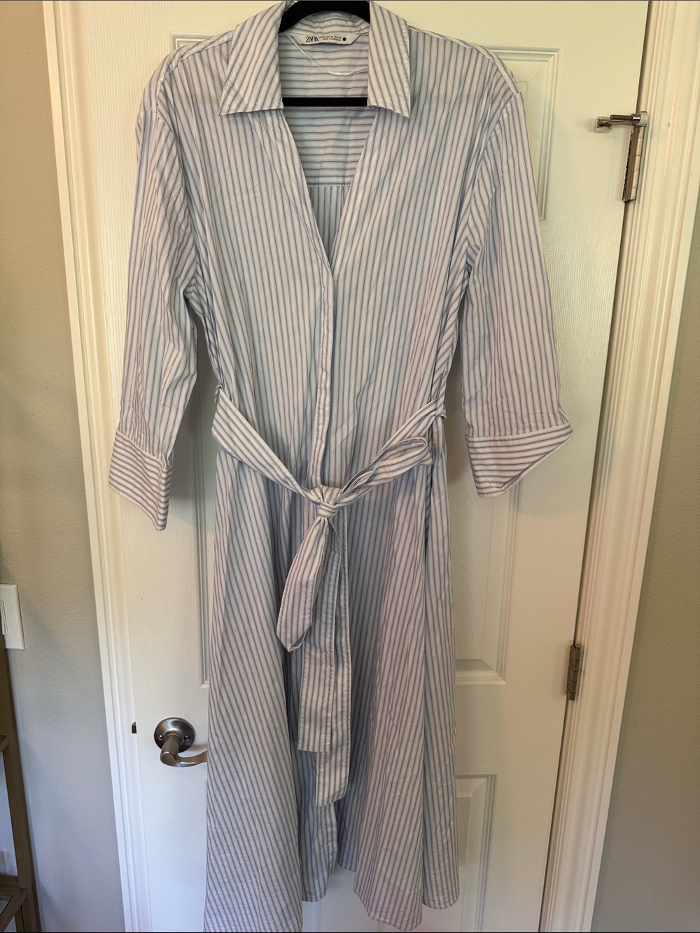 Zara Light Blue & White Striped Tie-Waist Shirt Dress